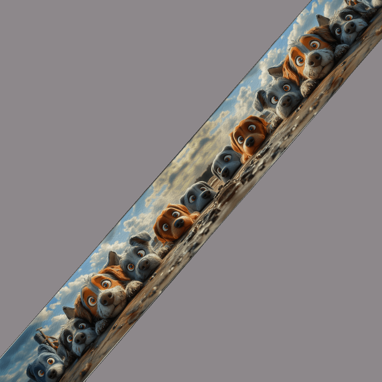 L'atelier du Fourmilier BioThane imprimé au mètre Motif BioThane imprimé – Chiots alignés sur plancher, ciel nuageux en arrière-plan