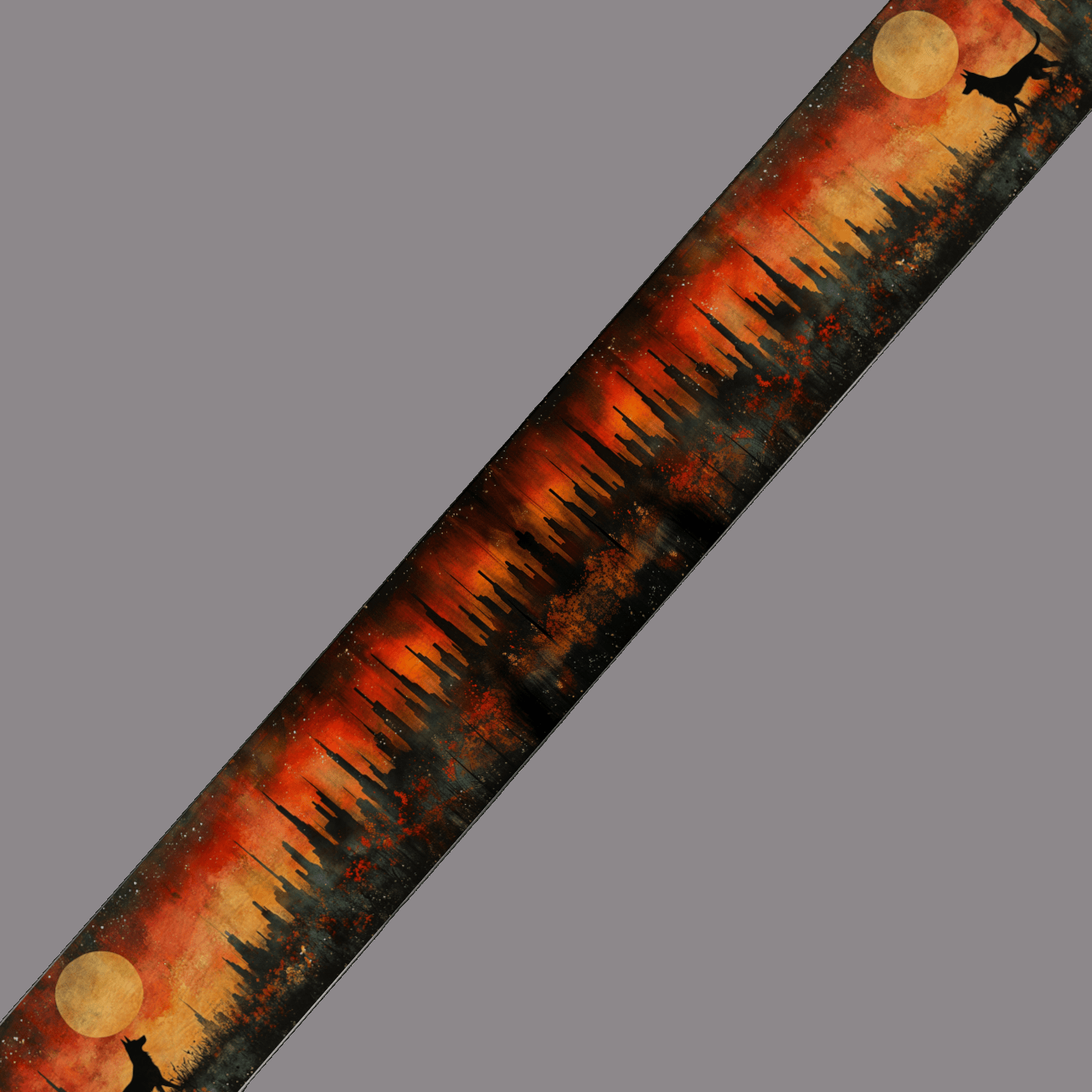 L'atelier du Fourmilier BioThane imprimé au mètre Motif BioThane imprimé – Loups hurlant à la lune dans une forêt rougeoyante