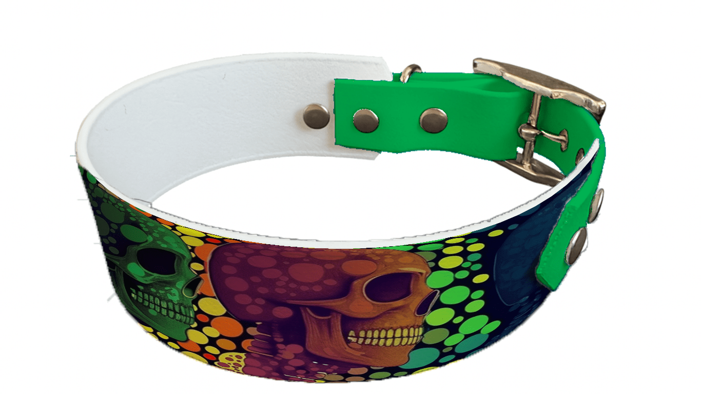 L'atelier du Fourmilier collier bicolore 177 Collier bicolore large pour chien en BioThane® imprimé – Collection tête de mort– 38/25 mm