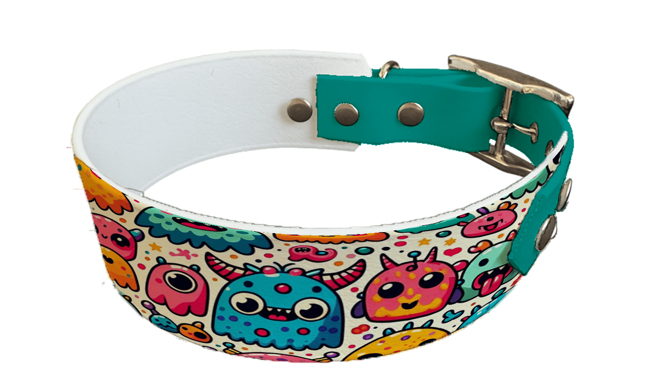 L'atelier du Fourmilier collier bicolore 21 Collier bicolore large pour chien en BioThane® imprimé – Collection monstres et créatures imaginaires– 38/25 mm