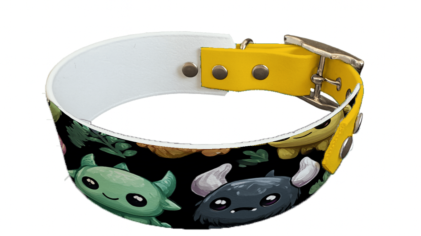 L'atelier du Fourmilier collier bicolore 252 Collier bicolore large pour chien en BioThane® imprimé – Collection monstres et créatures imaginaires– 38/25 mm