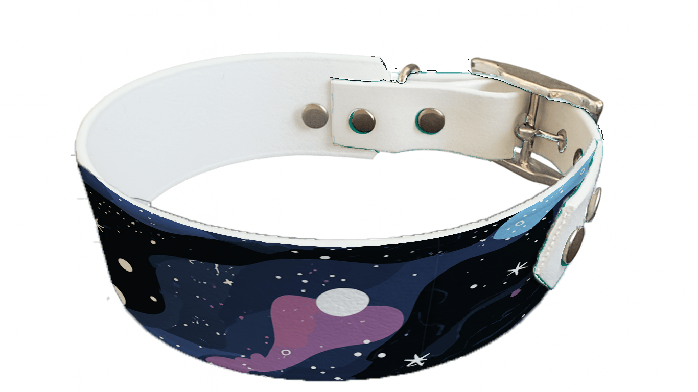 L'atelier du Fourmilier collier bicolore 424 Collier bicolore large pour chien en BioThane® imprimé – Collection galaxie – 38/25 mm