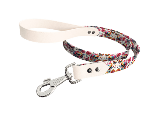 L'atelier du Fourmilier Laisse bicolore longe imprimée 46 / 19mm Laisse bicolore en BioThane® avec longe imprimée – Collection Tête de mort- Coloris au choix