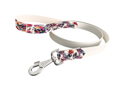 L'atelier du Fourmilier Laisse bicolore poignée imprimée 46 / 19mm Laisse bicolore en BioThane® avec poignée imprimée – Collection Tête de mort- Coloris au choix