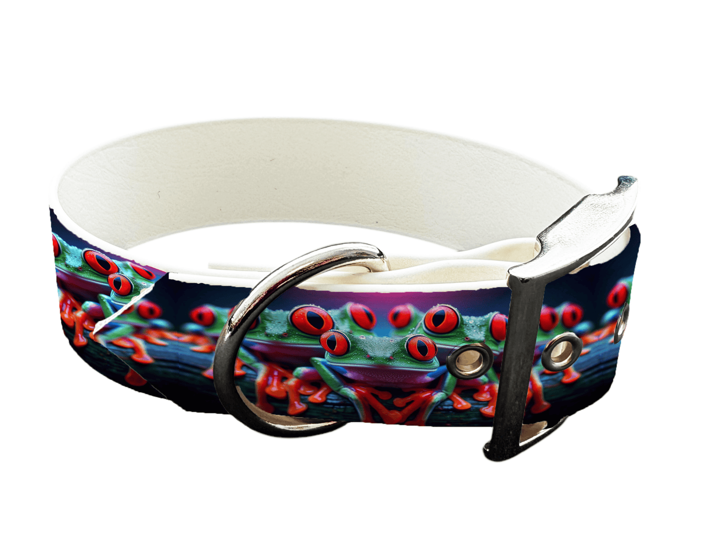 L'atelier du Fourmilier Promo L Collier pour chien en BioThane imprimé – Grenouilles aux yeux rouges – 25 mm – Taille L