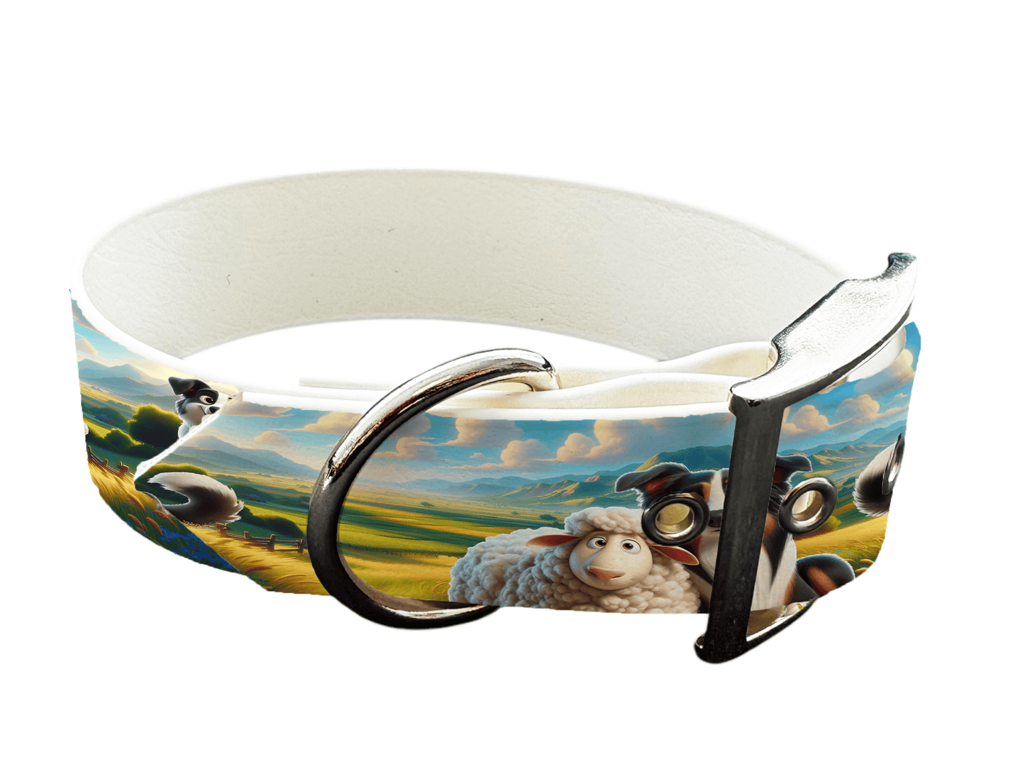 L'atelier du Fourmilier Promo M Collier large pour chien en BioThane imprimé – Moutons en paysage champêtre – 40 mm -Taille M