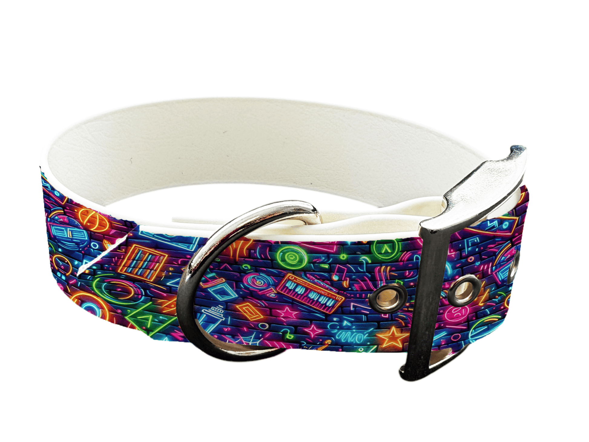 L'atelier du Fourmilier Promo M Collier large pour chien en BioThane imprimé – Symboles musicaux néon – 40 mm -Taille M