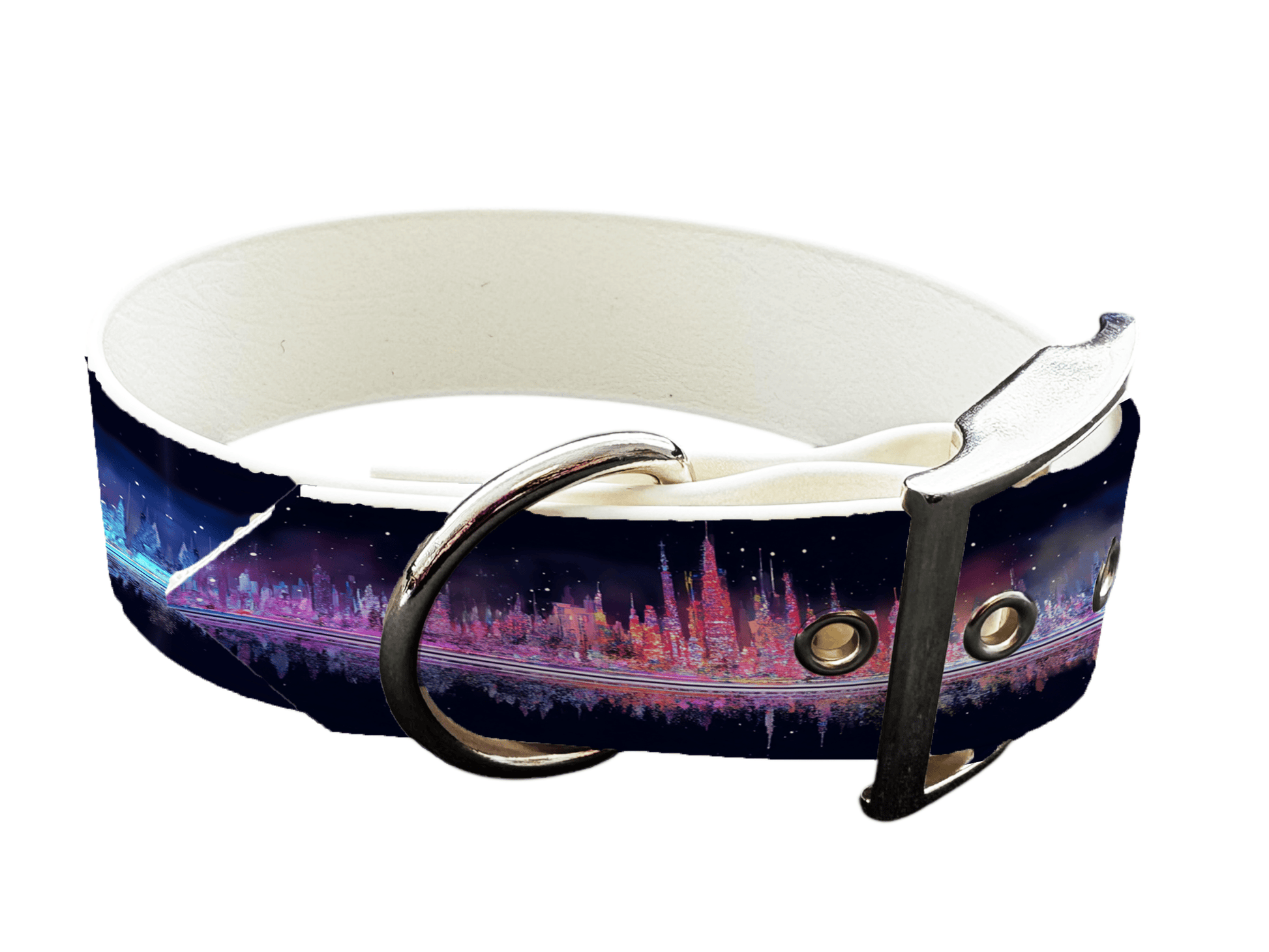 L'atelier du Fourmilier Promo M Collier large pour chien en BioThane imprimé – Ville néon nocturne – 40 mm - Taille M - Boucle Rose Gold
