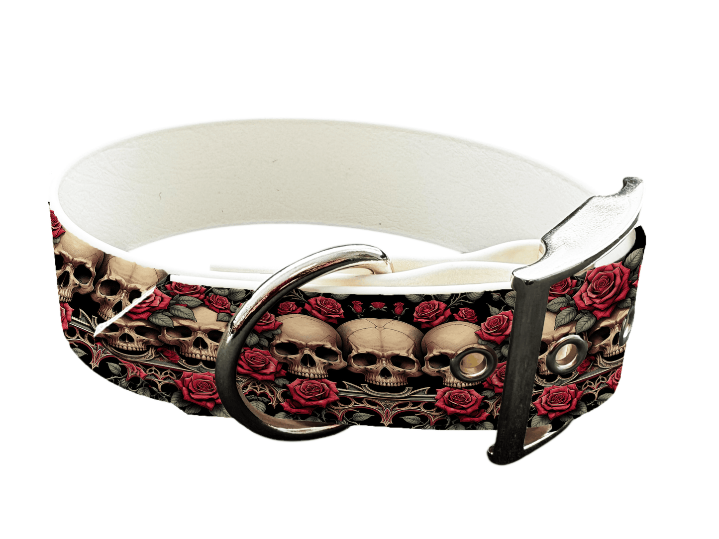 L'atelier du Fourmilier Promo M Collier pour chien en BioThane imprimé – Crânes & Roses – 25 mm - Taille M