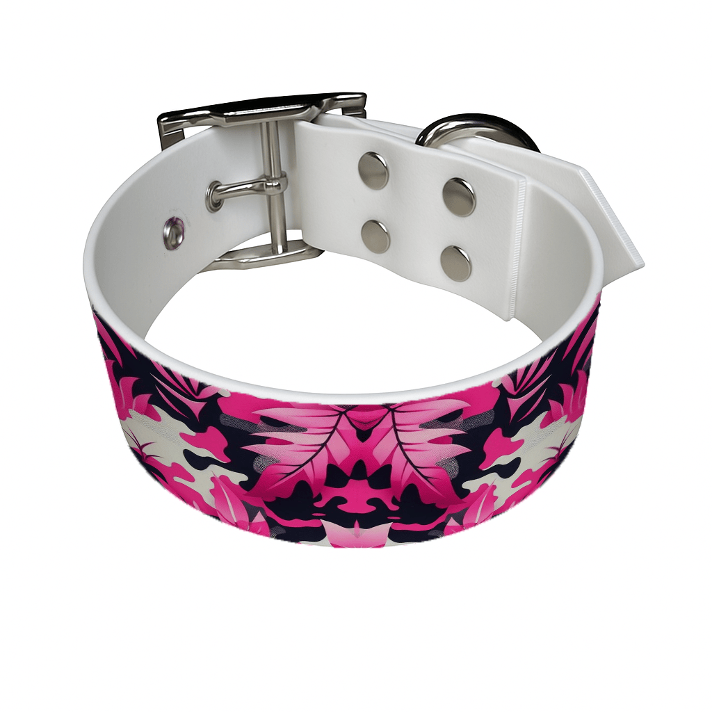 L'atelier du Fourmilier Promo M Collier pour chien en BioThane imprimé – Feuillage rose & noir – 25 mm – Taille M