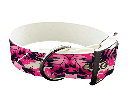 L'atelier du Fourmilier Promo M Collier pour chien en BioThane imprimé – Feuillage rose & noir – 25 mm – Taille M