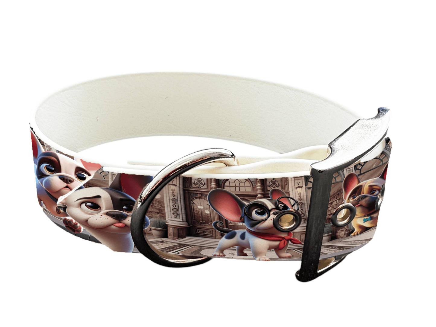 L'atelier du Fourmilier Promo S Collier large pour chien en BioThane imprimé – Bouledogues cartoon en ville – 40 mm- Taille S