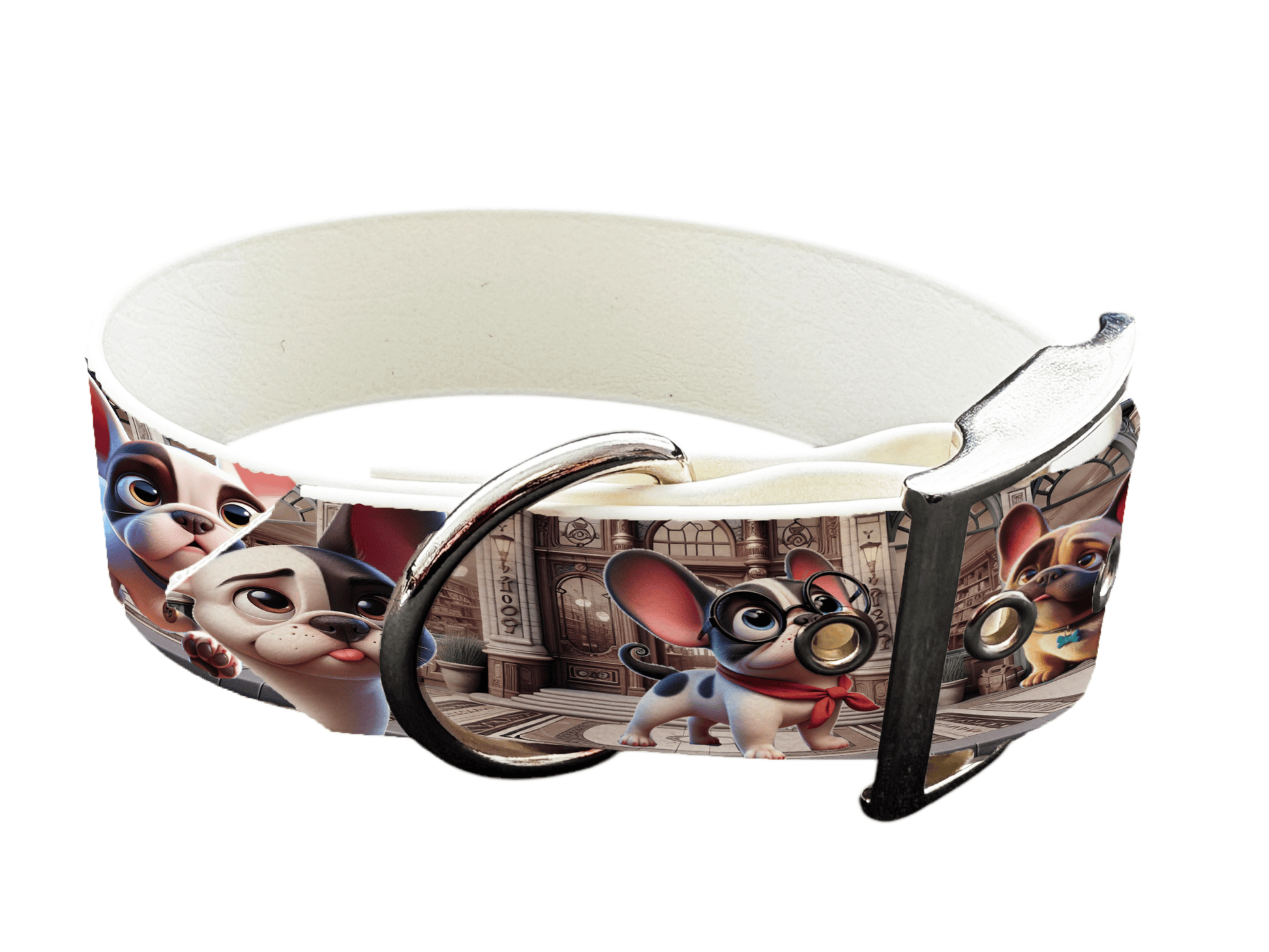 L'atelier du Fourmilier Promo S Collier large pour chien en BioThane imprimé – Bouledogues cartoon en ville – 40 mm- Taille S