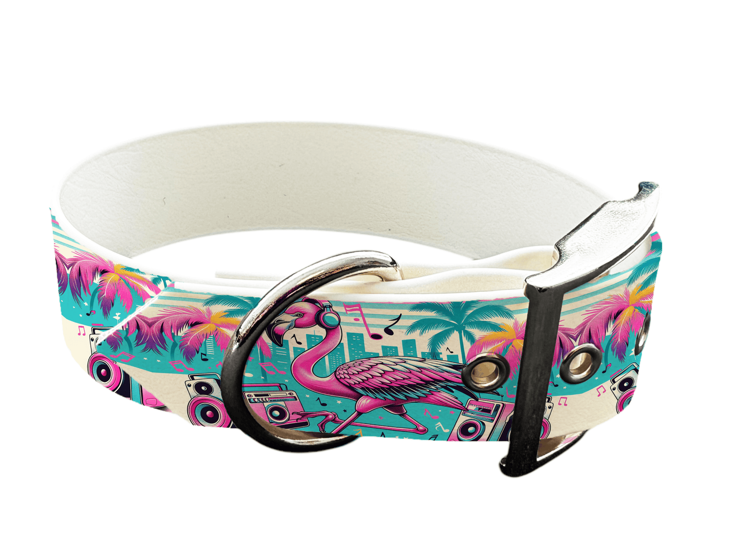 L'atelier du Fourmilier Promo S Collier large pour chien en BioThane imprimé – Flamant rose DJ tropical – 40 mm -Taille S