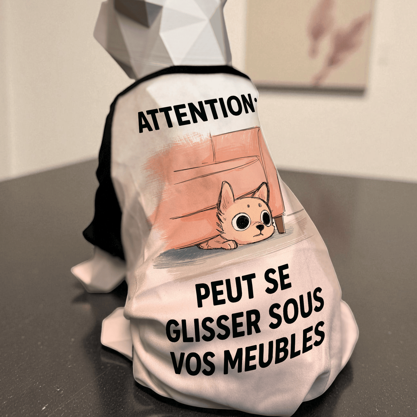 Atelier du Fourmilier tee-shirt T-shirt humoristique pour petit chien « Attention : peut se glisser sous vos meubles »