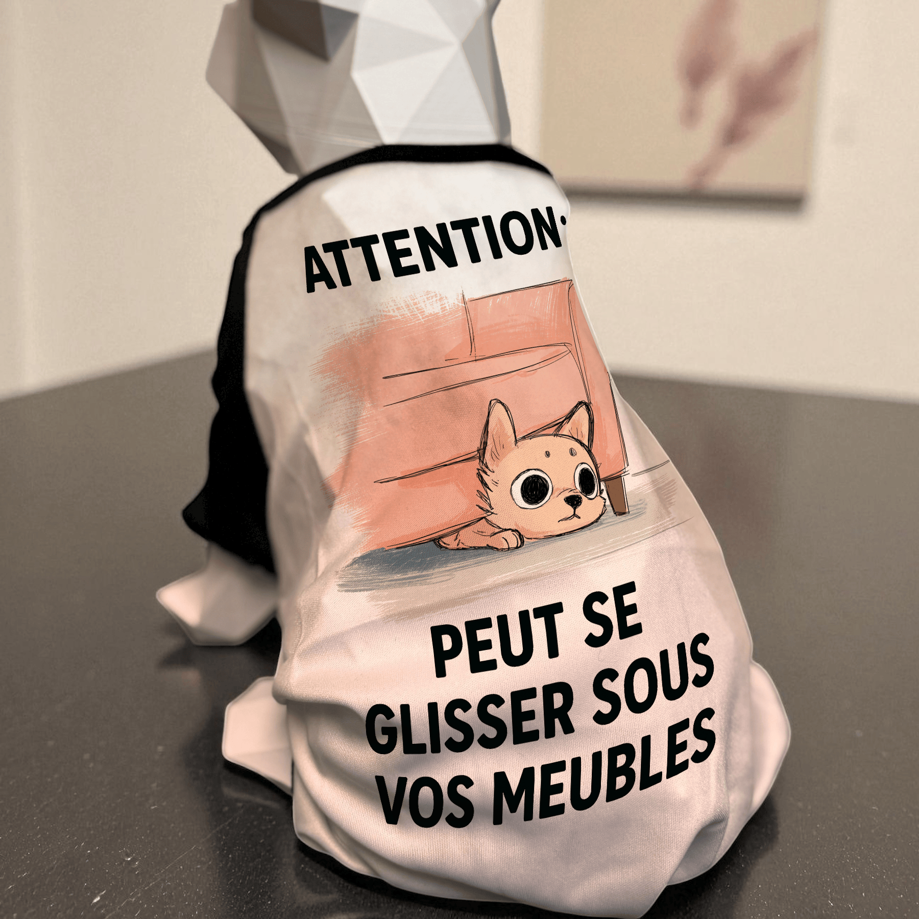 Atelier du Fourmilier tee-shirt T-shirt humoristique pour petit chien « Attention : peut se glisser sous vos meubles »